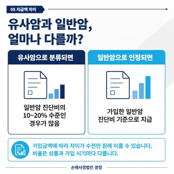 유사암과 일반암 지급액 차이: 유사암은 일반암 진단비의 10~20% 수준인 경우가 많고, 일반암은 가입한 진단비 기준으로 지급