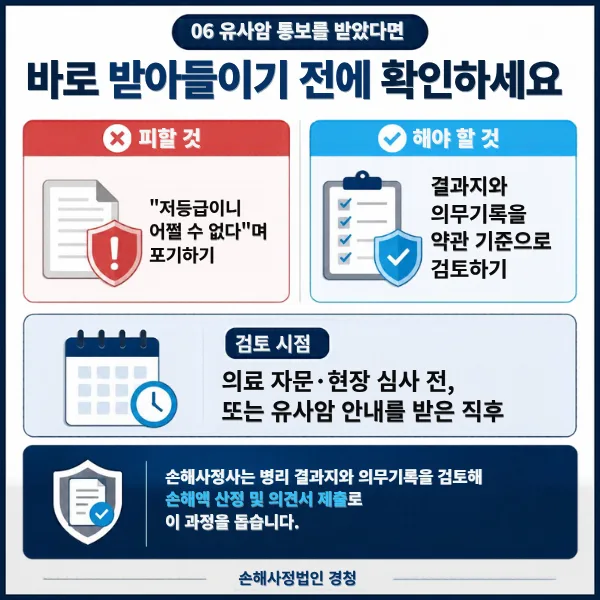유사암 통보를 받았다면: 포기하기 전에 결과지와 의무기록을 약관 기준으로 검토, 의료 자문·현장 심사 전이나 안내 직후에 검토