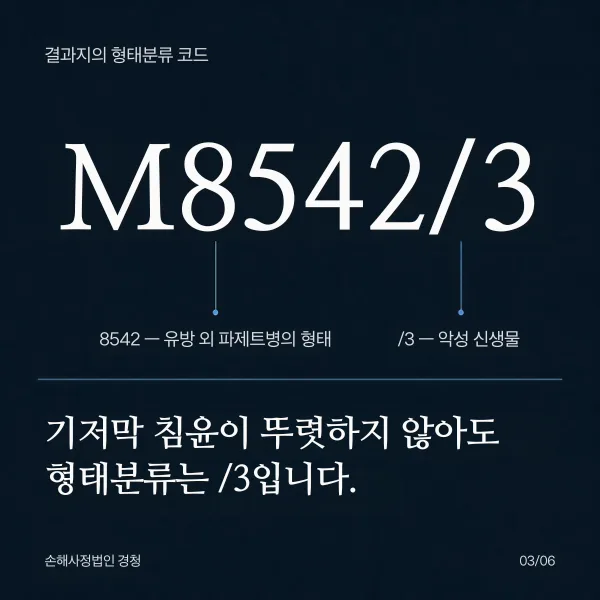 형태분류 코드 M8542/3 읽는 법: 8542는 유방 외 파제트병의 형태, 슬래시 뒤 /3은 악성 신생물. 기저막 침윤이 뚜렷하지 않아도 형태분류는 /3