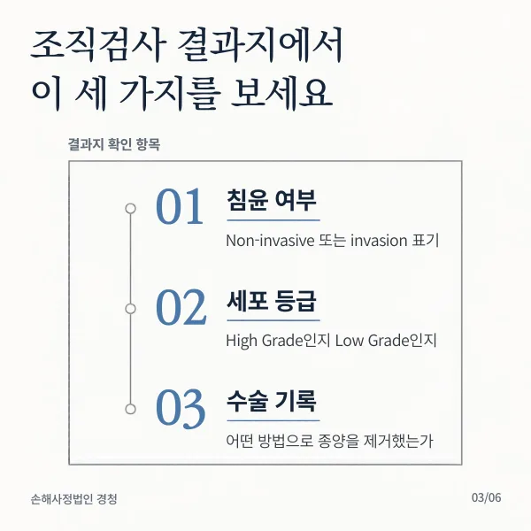 조직검사 결과지에서 볼 세 가지: 침윤 여부 표기(Non-invasive 또는 invasion), 세포 등급(High Grade인지 Low Grade인지), 수술 기록(어떤 방법으로 종양을 제거했는가)