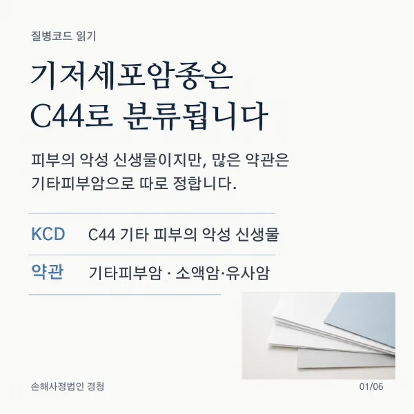 기저세포암종은 C44로 분류: 피부의 악성 신생물이지만 많은 약관은 기타피부암으로 따로 정함. KCD는 C44 기타 피부의 악성 신생물, 약관은 기타피부암(소액암·유사암)