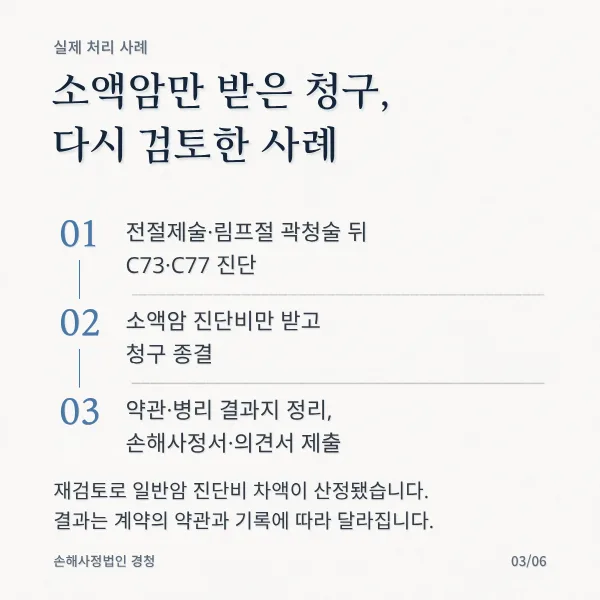 실제 처리 사례. 소액암만 받은 청구, 다시 검토한 사례. 01 전절제술·림프절 곽청술 뒤 C73·C77 진단, 02 소액암 진단비만 받고 청구 종결, 03 약관·병리 결과지 정리, 손해사정서·의견서 제출. 재검토로 일반암 진단비 차액이 산정됐습니다. 결과는 계약의 약관과 기록에 따라 달라집니다.