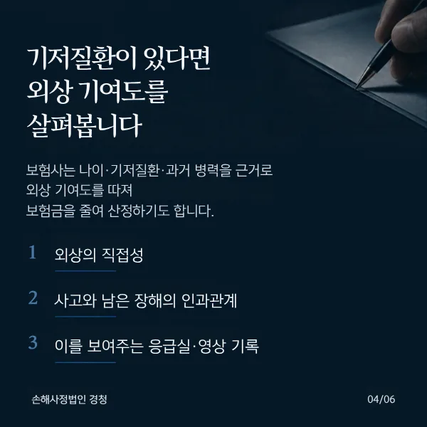 기저질환이 있다면 외상 기여도를 살펴봄: 외상의 직접성, 사고와 남은 장해의 인과관계, 이를 보여주는 응급실·영상 기록