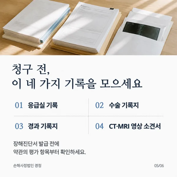 청구 전에 모을 네 가지 기록: 응급실 기록, 수술 기록지, 경과 기록지, CT·MRI 영상 소견서. 장해진단서 발급 전에 약관의 평가 항목부터 확인