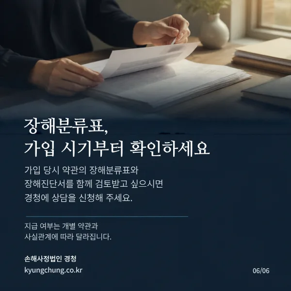 장해분류표, 가입 시기부터 확인하세요. 가입 당시 약관의 장해분류표와 장해진단서를 함께 검토받고 싶으시면 경청에 상담을 신청해 주세요. 지급 여부는 개별 약관과 사실관계에 따라 달라집니다. 손해사정법인 경청.