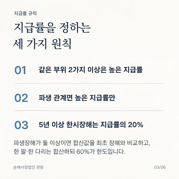 지급률 규칙. 지급률을 정하는 세 가지 원칙. 01 같은 부위 2가지 이상은 높은 지급률, 02 파생 관계면 높은 지급률만, 03 5년 이상 한시장해는 지급률의 20%. 파생장해가 둘 이상이면 합산값을 최초 장해와 비교하고, 한 팔·한 다리는 합산하되 60%가 한도입니다.