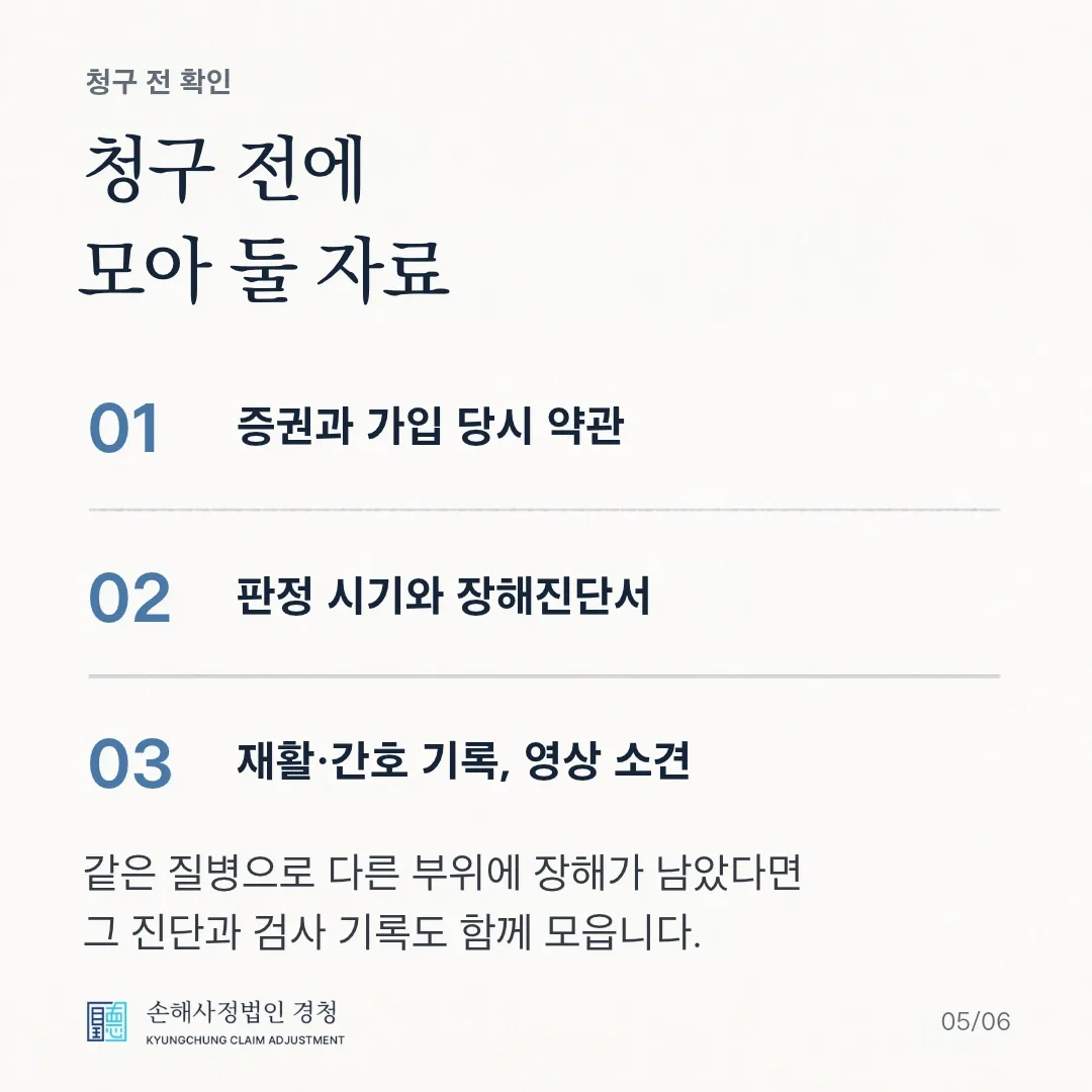 청구 전에 모아 둘 자료. 증권과 가입 당시 약관, 판정 시기와 장해진단서, 재활·간호 기록과 영상 소견. 같은 질병으로 다른 부위에 장해가 남았다면 그 진단과 검사 기록도 함께 모읍니다.