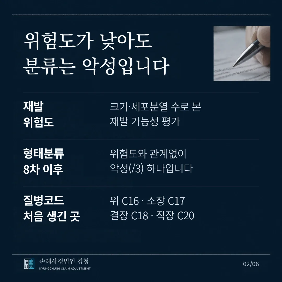 위험도가 낮아도 분류는 악성입니다. 재발 위험도는 크기·세포분열 수로 본 재발 가능성 평가이고, 8차 이후 형태분류는 위험도와 관계없이 악성(/3) 하나입니다. 질병코드는 처음 생긴 곳에 따라 위 C16, 소장 C17, 결장 C18, 직장 C20입니다.