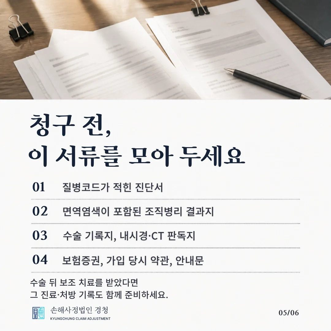 청구 전, 이 서류를 모아 두세요. 01 질병코드가 적힌 진단서, 02 면역염색이 포함된 조직병리 결과지, 03 수술 기록지와 내시경·CT 판독지, 04 보험증권과 가입 당시 약관, 안내문. 수술 뒤 보조 치료를 받았다면 그 진료·처방 기록도 함께 준비하세요.