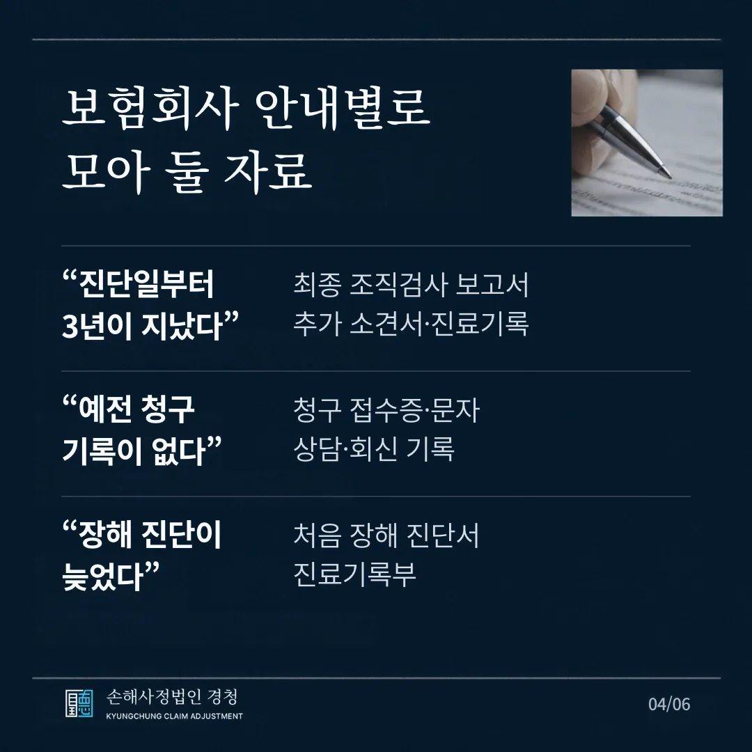 보험회사 안내별로 모아 둘 자료. "진단일부터 3년이 지났다"는 안내에는 최종 조직검사 보고서와 추가 소견서·진료기록, "예전 청구 기록이 없다"는 안내에는 청구 접수증·문자와 상담·회신 기록, "장해 진단이 늦었다"는 안내에는 처음 장해 진단서와 진료기록부.