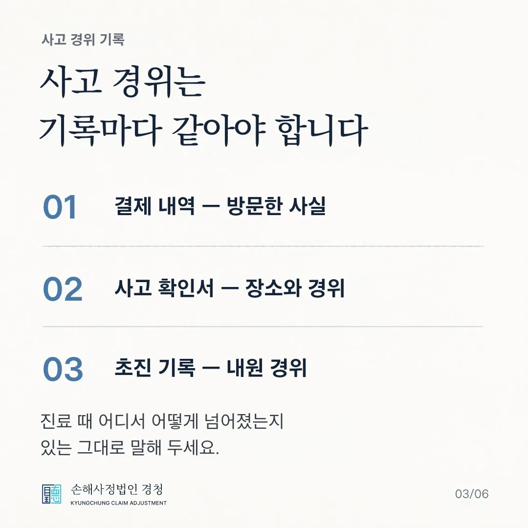사고 경위는 기록마다 같아야 합니다. 01 결제 내역은 방문한 사실, 02 사고 확인서는 장소와 경위, 03 초진 기록은 내원 경위. 진료 때 어디서 어떻게 넘어졌는지 있는 그대로 말해 두세요.