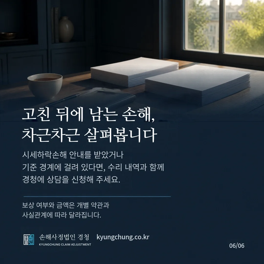 고친 뒤에 남는 손해, 차근차근 살펴봅니다. 시세하락손해 안내를 받았거나 기준 경계에 걸려 있다면 경청에 상담을 신청해 주세요. 보상 여부와 금액은 개별 약관과 사실관계에 따라 달라집니다. 손해사정법인 경청.